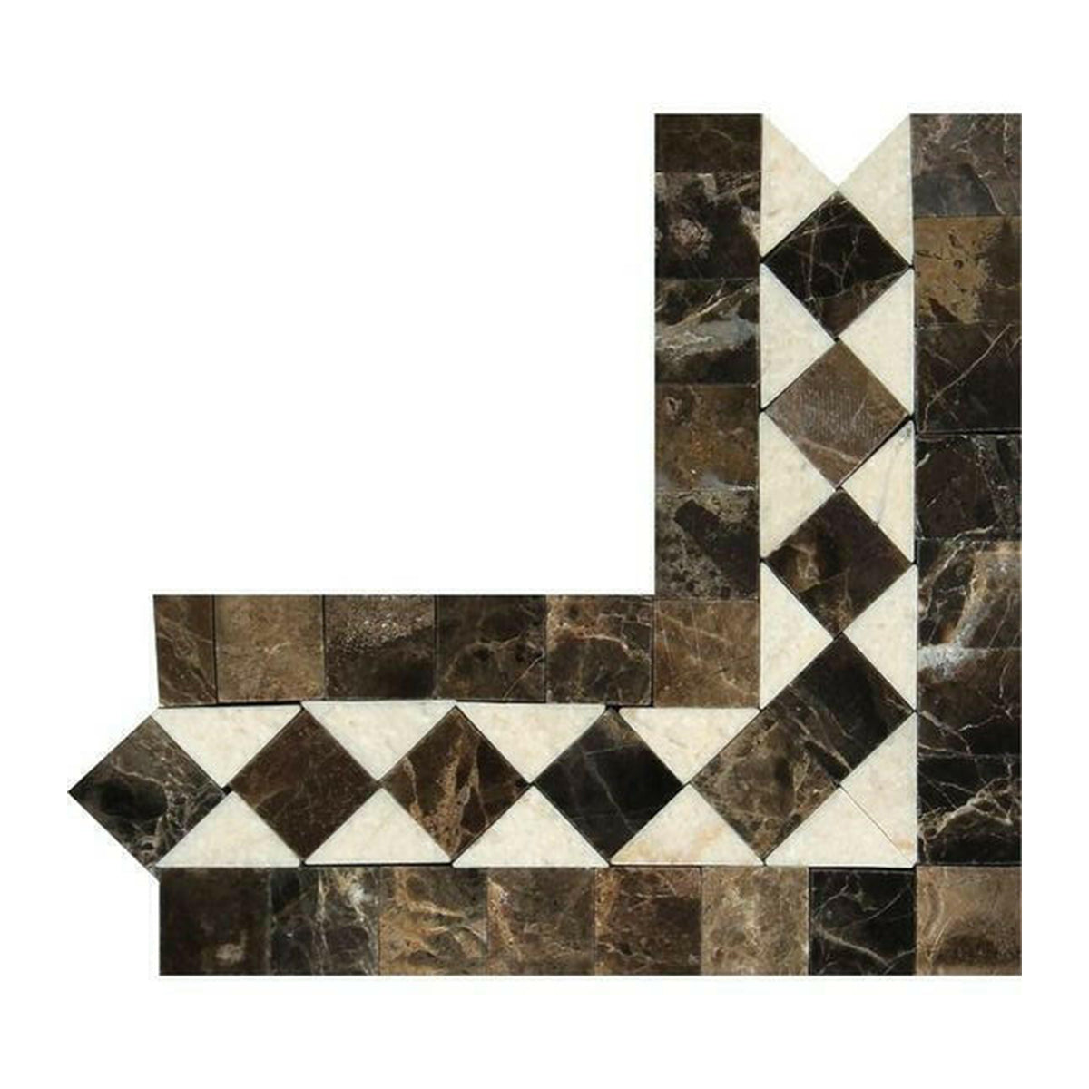 Emperador Dark Marble Polished BIAS Border Corner Listello w/ Crema Marfil Dots