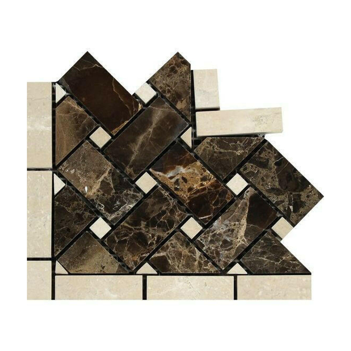 Emperador Dark Marble Polished Basketweave Border Corner Listello w/ Crema Marfil Dots