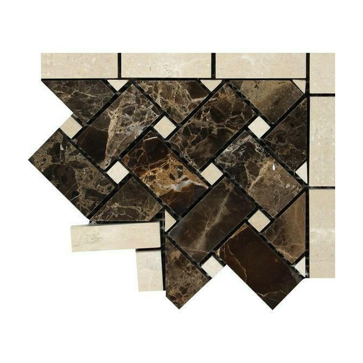 Emperador Dark Marble Polished Basketweave Border Corner Listello w/ Crema Marfil Dots