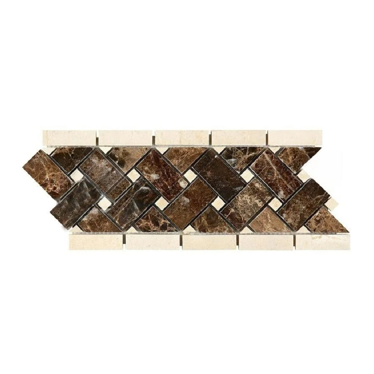 Emperador Dark Marble Polished Basketweave Border Listello w/ Crema Marfil Dots