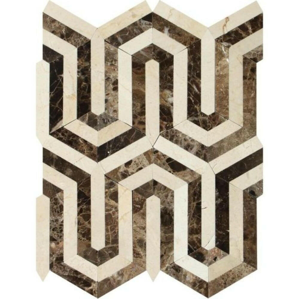 Emperador Dark Marble Polished Berlinetta Mosaic Tile w/ Crema Marfil Strips Emperador Dark Marble Polished Berlinetta Mosaic Tile w/ Crema Marfil Strips - American Tile Depot
