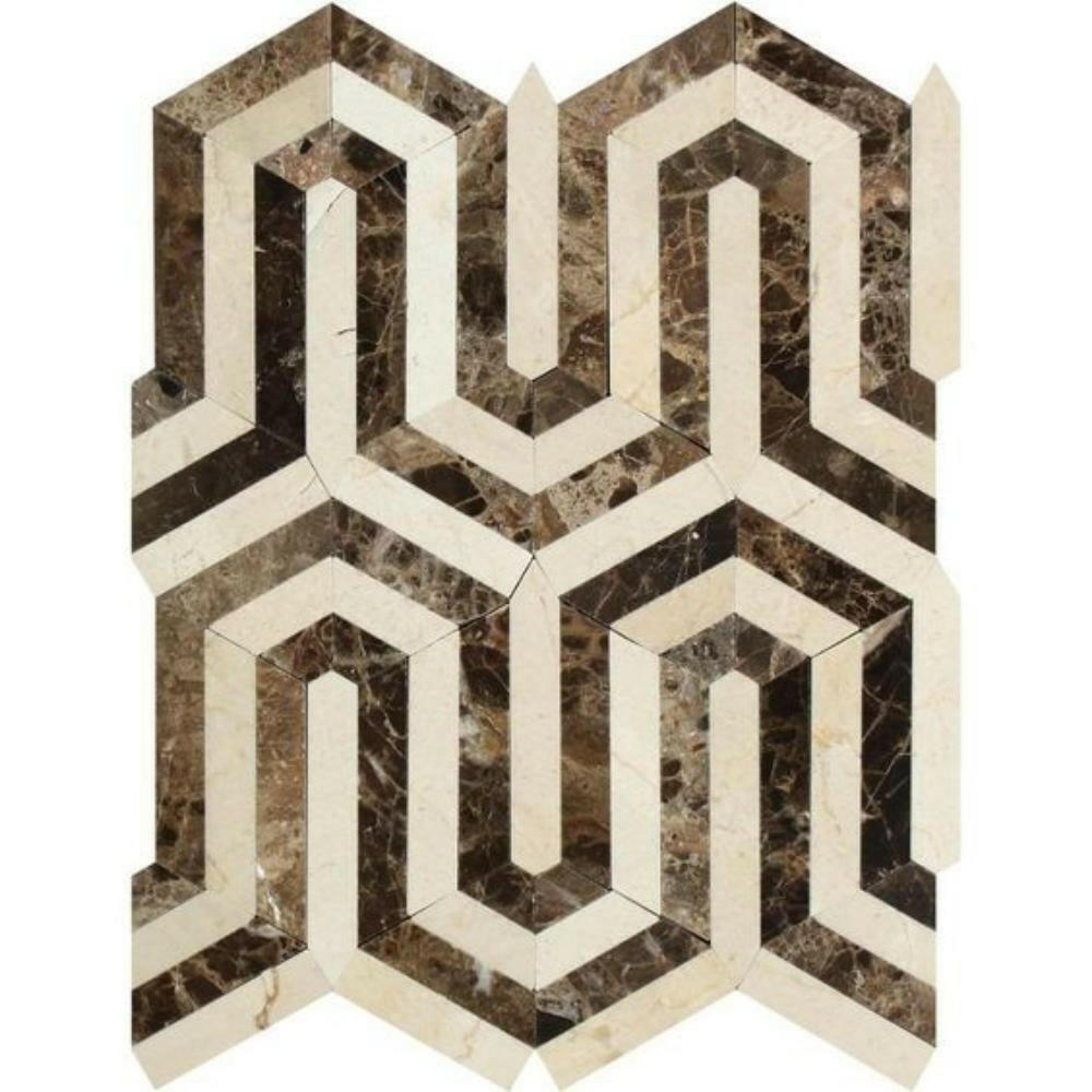Emperador Dark Marble Polished Berlinetta Mosaic Tile w/ Crema Marfil Strips Emperador Dark Marble Polished Berlinetta Mosaic Tile w/ Crema Marfil Strips - American Tile Depot
