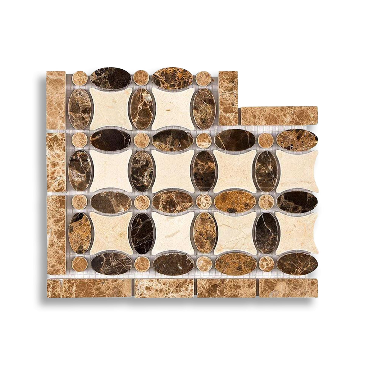 Emperador Dark Marble Polished Florida Flower Border Corner Listello w/ Crema Marfil Light Version