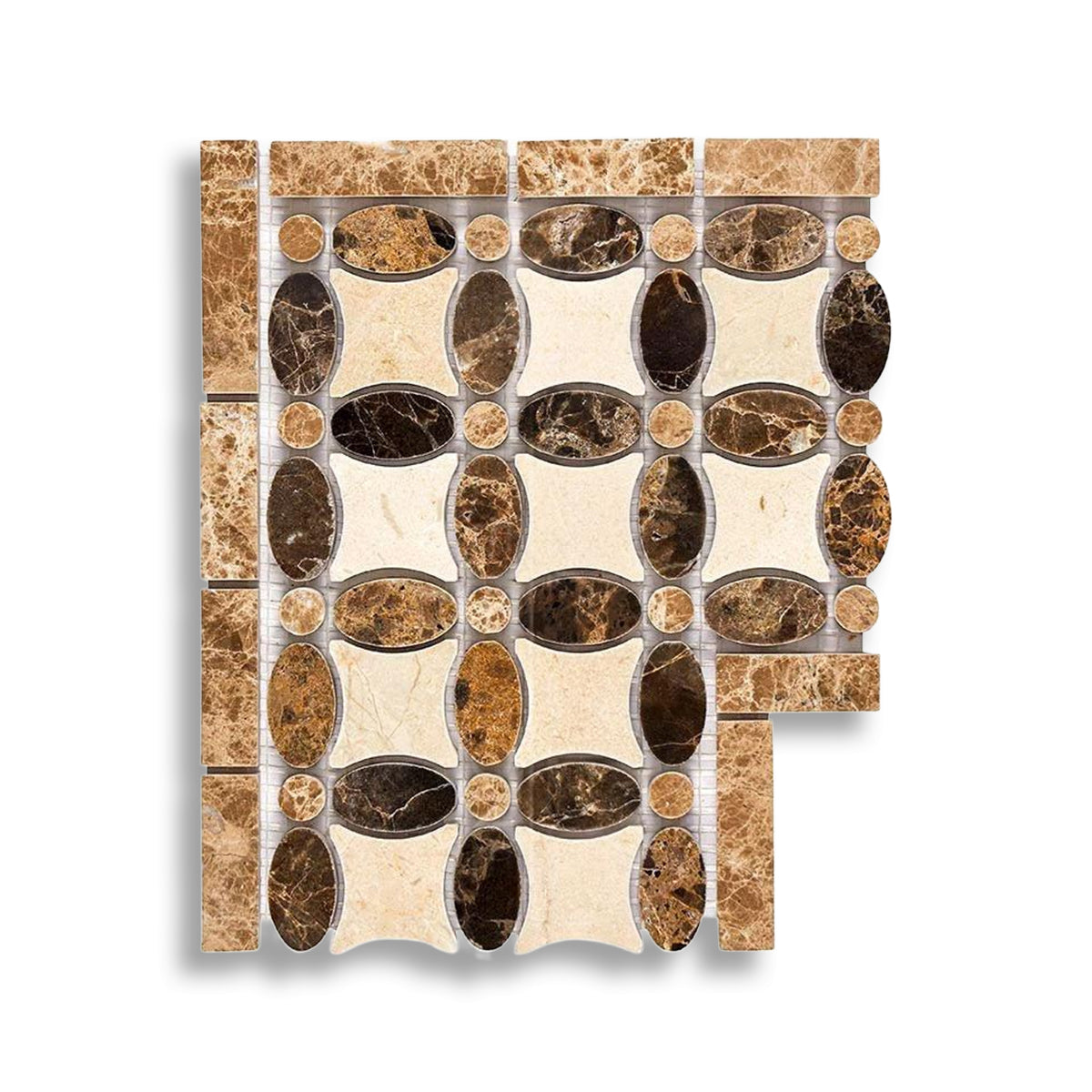 Emperador Dark Marble Polished Florida Flower Border Corner Listello w/ Crema Marfil Light Version