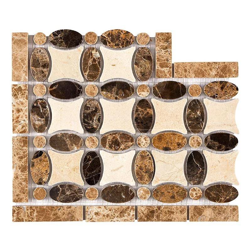 Emperador Dark Marble Polished Florida Flower Border Corner Listello w/ Crema Marfil Light Version Emperador Dark Marble Polished Florida Flower Border Corner Listello w/ Crema Marfil Light Version - American Tile Depot