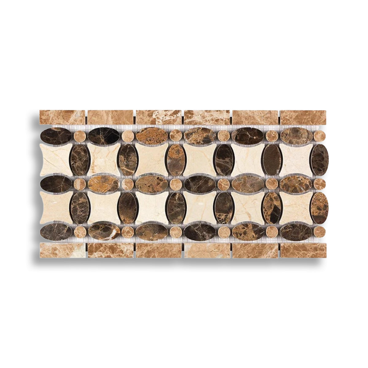 Emperador Dark Marble Polished Florida Flower Border Listello w/ Crema Marfil Light Version
