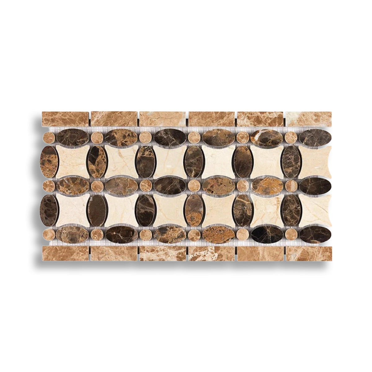 Emperador Dark Marble Polished Florida Flower Border Listello w/ Crema Marfil Light Version