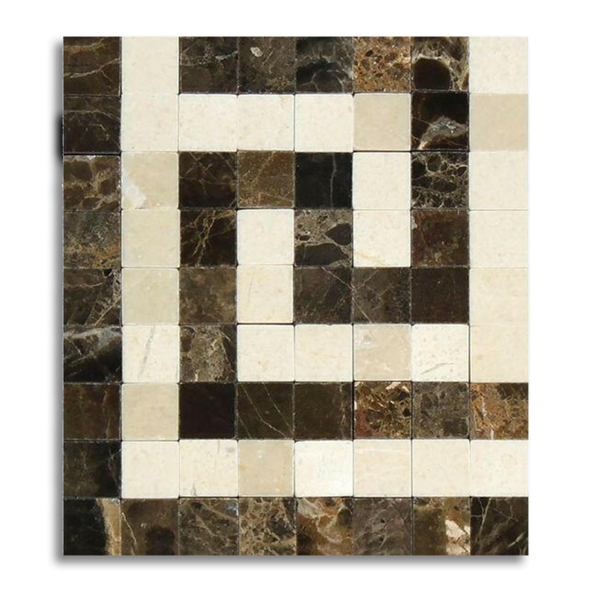 Emperador Dark Marble Polished Greek Key Border Corner Listello w/ Crema Marfil Dots