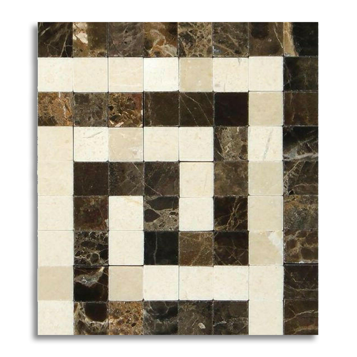 Emperador Dark Marble Polished Greek Key Border Corner Listello w/ Crema Marfil Dots