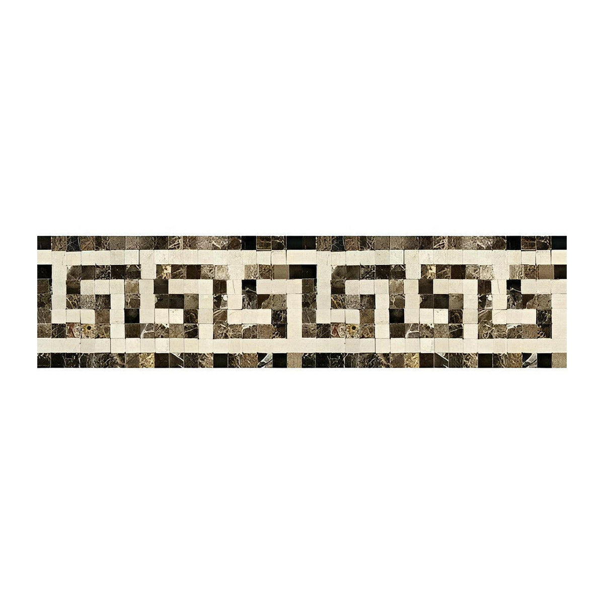Emperador Dark Marble Polished Greek Key Border Listello w/ Crema Marfil Dots
