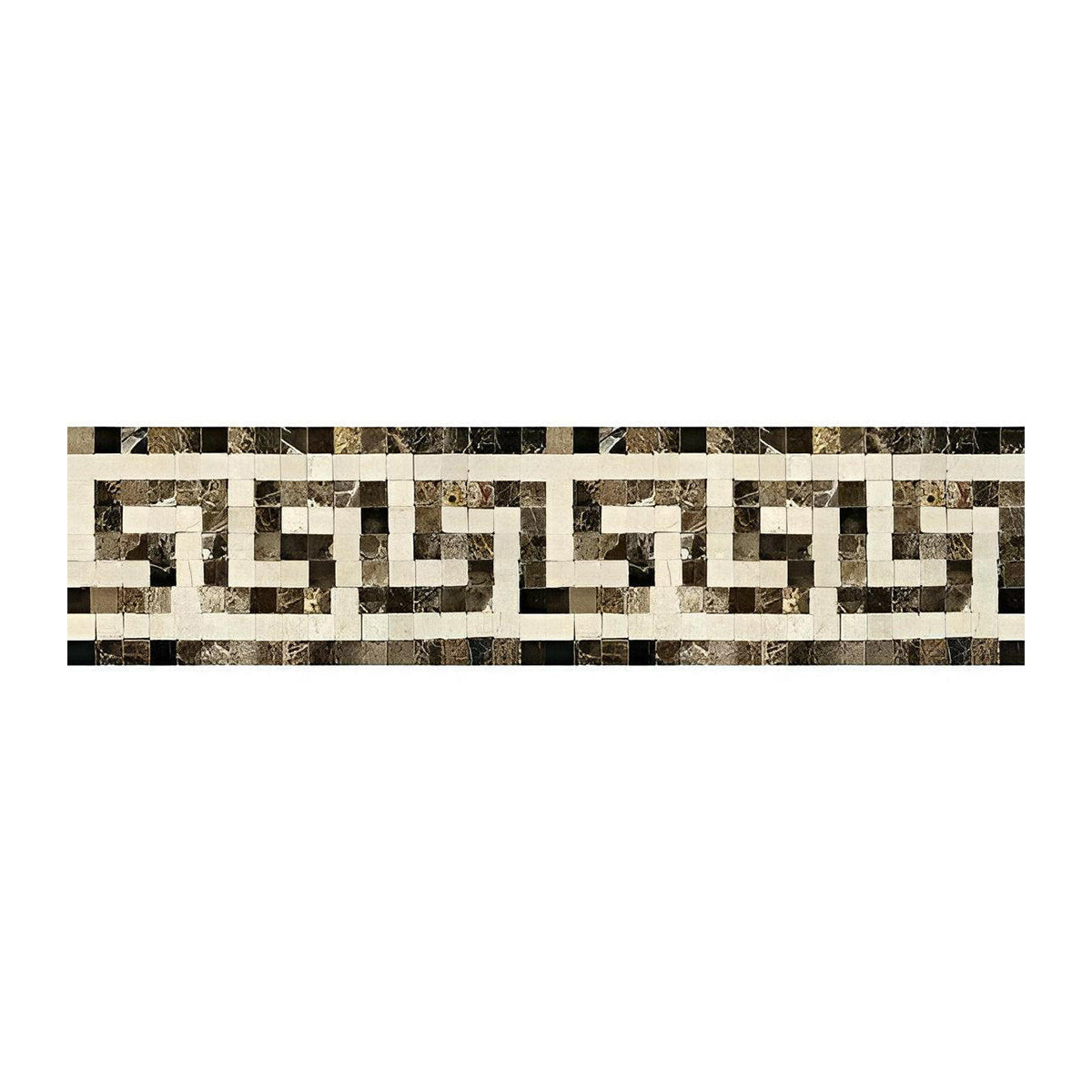 Emperador Dark Marble Polished Greek Key Border Listello w/ Crema Marfil Dots