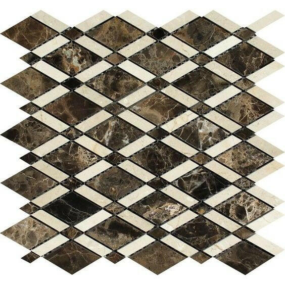 Emperador Dark Marble Polished Lattice Mosaic Tile w/ Crema Marfil Strips Emperador Dark Marble Polished Lattice Mosaic Tile w/ Crema Marfil Strips - American Tile Depot