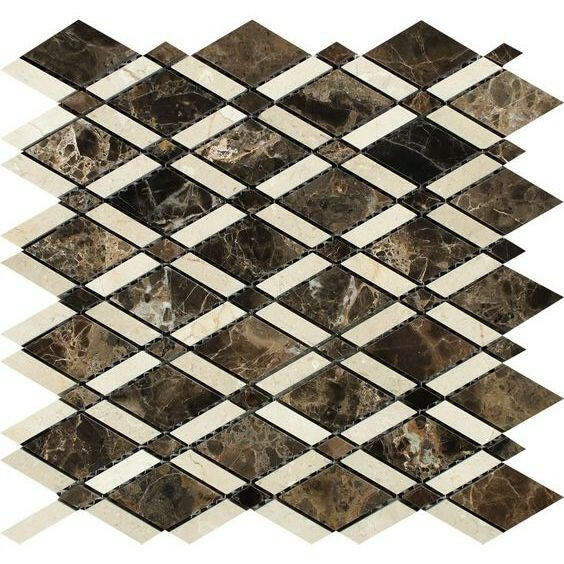 Emperador Dark Marble Polished Lattice Mosaic Tile w/ Crema Marfil Strips Emperador Dark Marble Polished Lattice Mosaic Tile w/ Crema Marfil Strips - American Tile Depot
