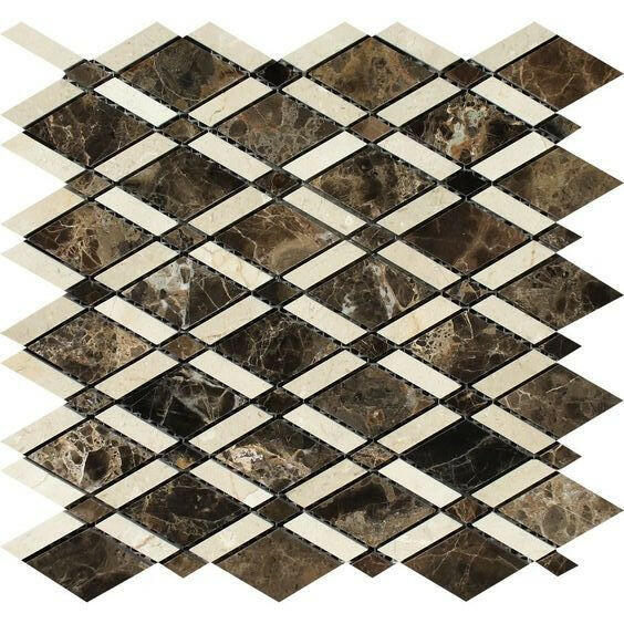 Emperador Dark Marble Polished Lattice Mosaic Tile w/ Crema Marfil Strips Emperador Dark Marble Polished Lattice Mosaic Tile w/ Crema Marfil Strips - American Tile Depot