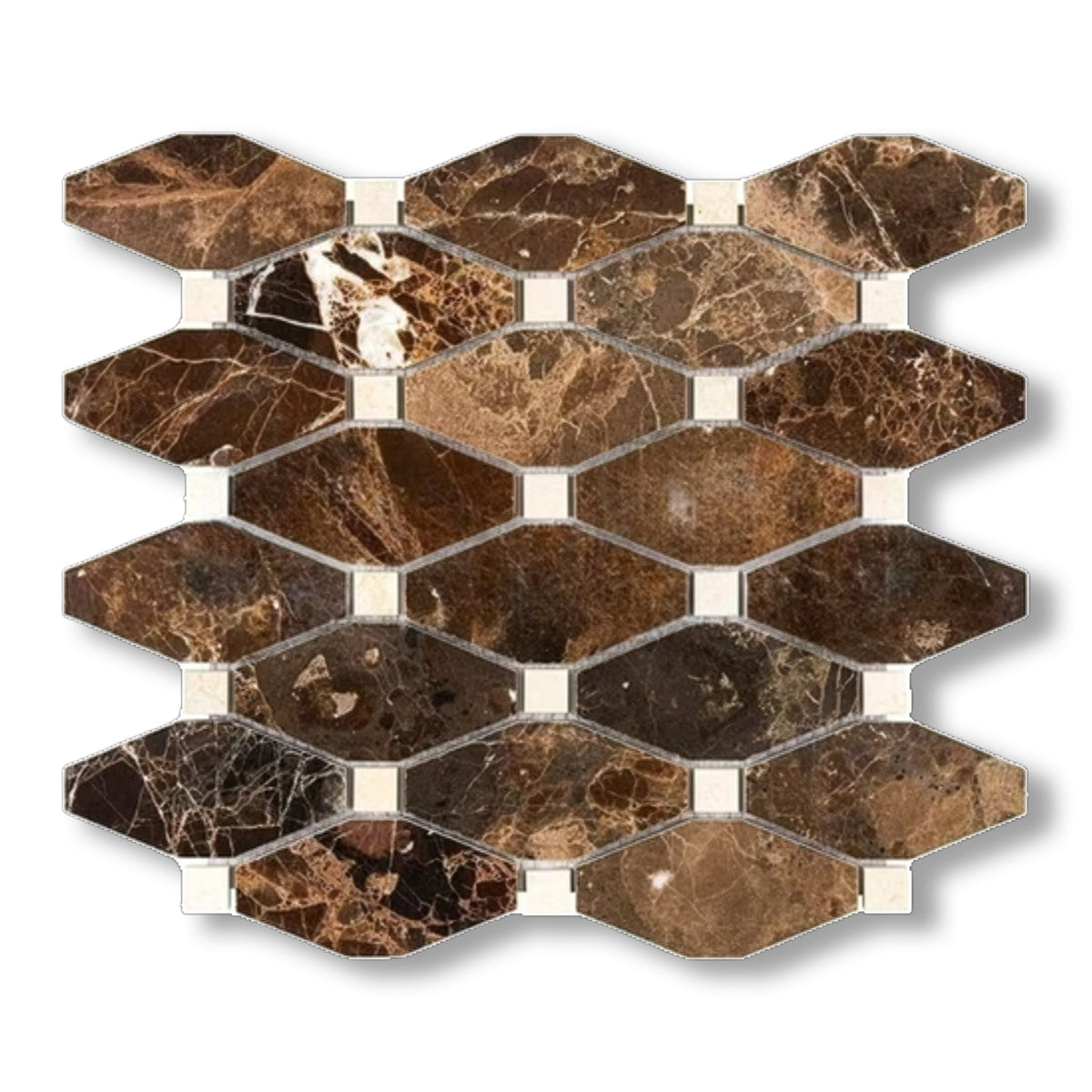 Emperador Dark Marble Polished Octave Pattern Mosaic Tile w/ Crema Marfil Dots - American Tile Depot