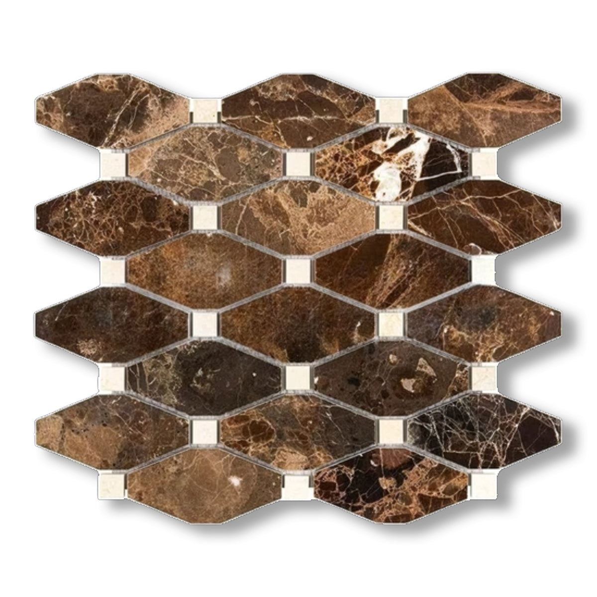 Emperador Dark Marble Polished Octave Pattern Mosaic Tile w/ Crema Marfil Dots - American Tile Depot