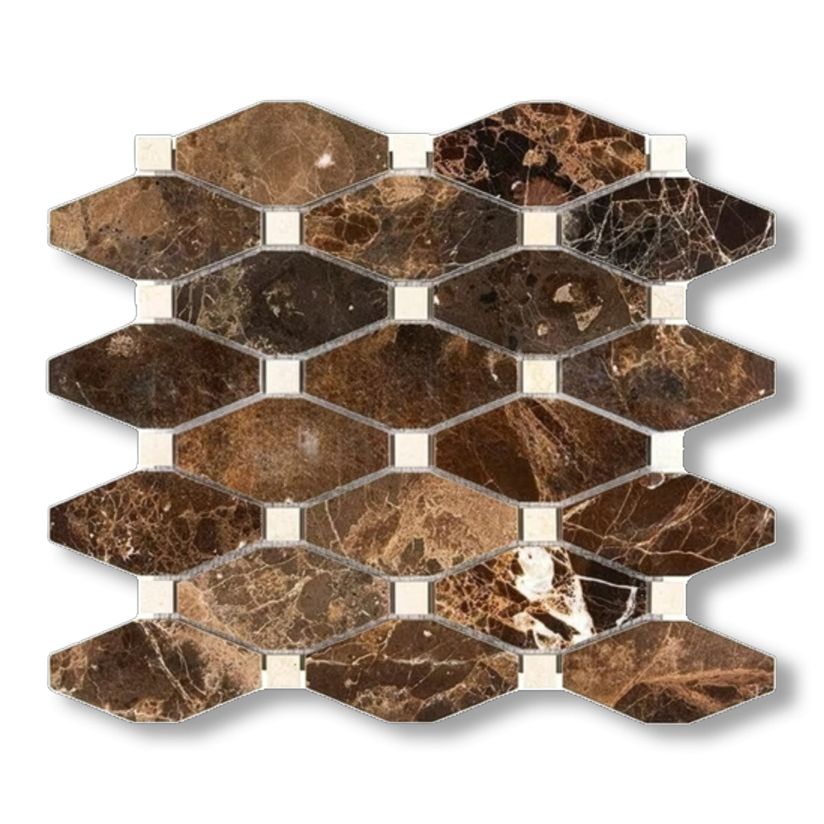 Emperador Dark Marble Polished Octave Pattern Mosaic Tile w/ Crema Marfil Dots - American Tile Depot