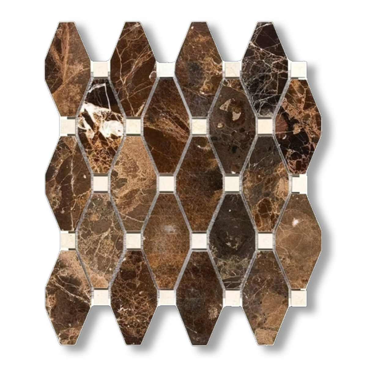 Emperador Dark Marble Polished Octave Pattern Mosaic Tile w/ Crema Marfil Dots - American Tile Depot