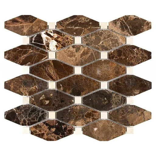 Emperador Dark Marble Polished Octave Pattern Mosaic Tile w/ Crema Marfil Dots Emperador Dark Marble Polished Octave Pattern Mosaic Tile w/ Crema Marfil Dots - American Tile Depot