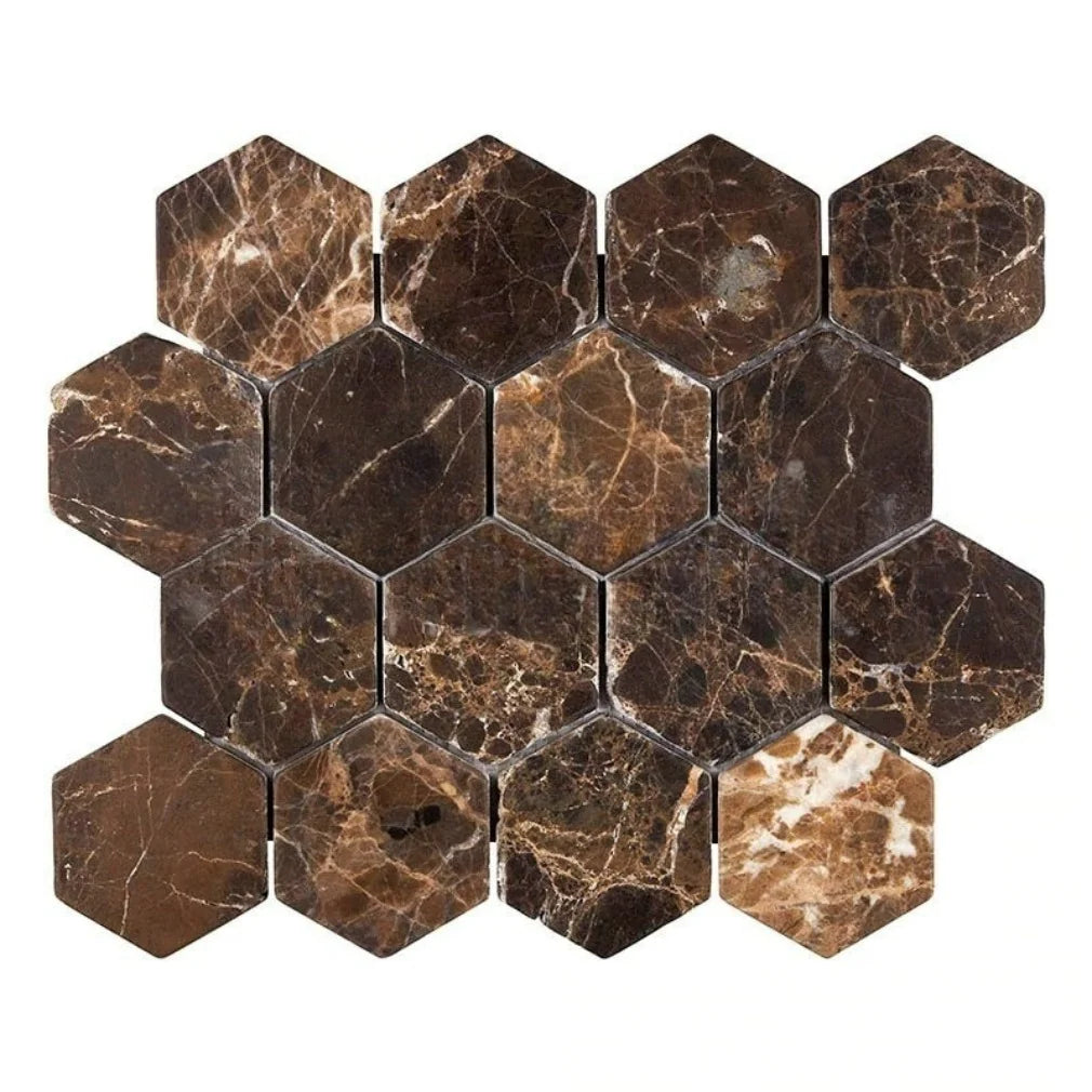 Emperador Dark Marble Tumbled 3" Hexagon Mosaic Tile Emperador Dark Marble Tumbled 3" Hexagon Mosaic Tile - American Tile Depot
