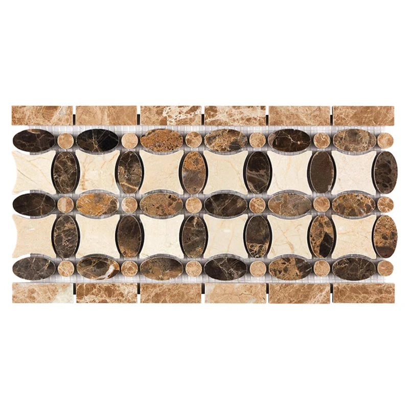 Emperador Dark Marble Polished Florida Flower Border Listello w/ Crema Marfil Light Version
