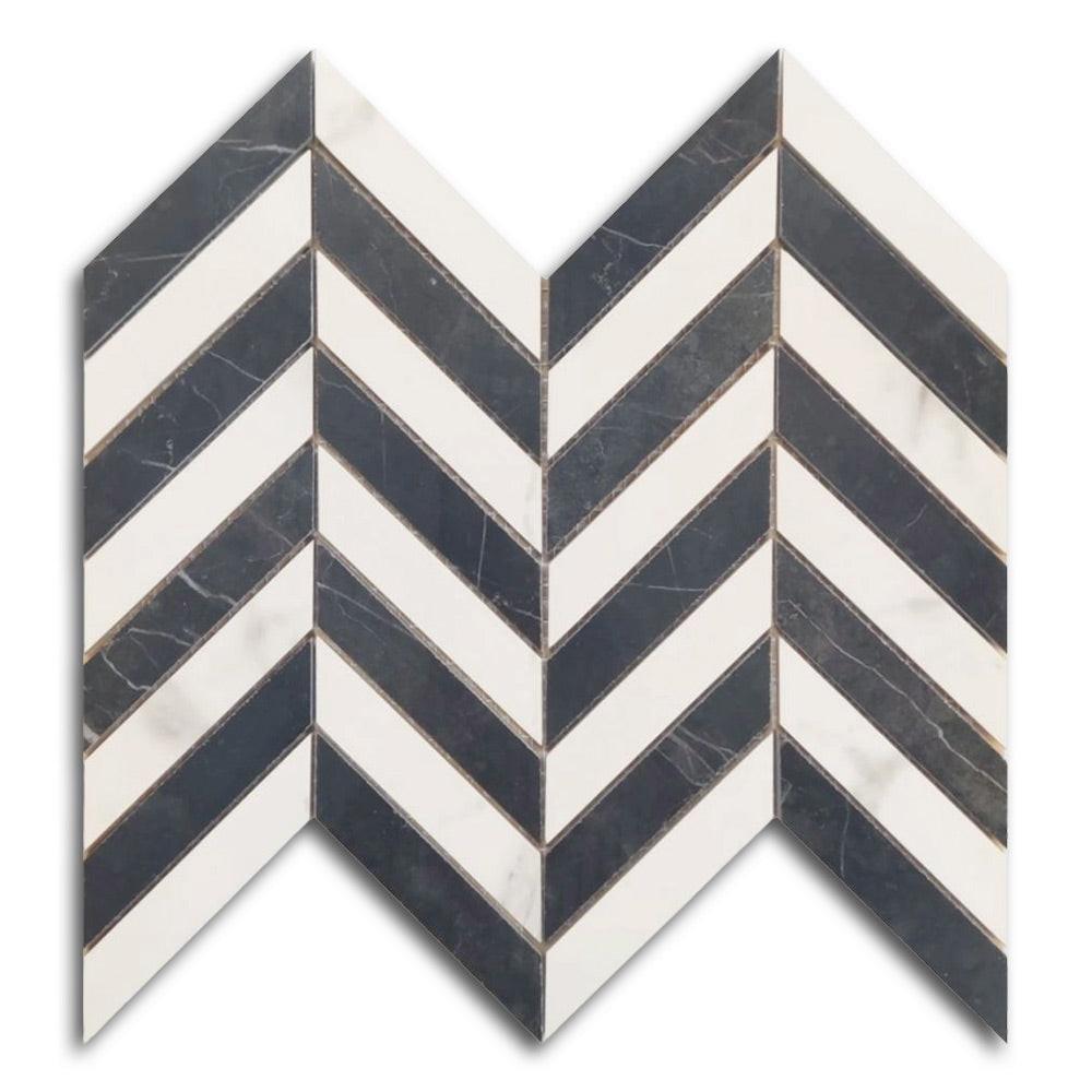 Famea Statuario-Marquinia Mix Lucido Chevron Porcelain Mosaic Tile Famea Statuario-Marquinia Mix Lucido Chevron Porcelain Mosaic Tile - American Tile Depot