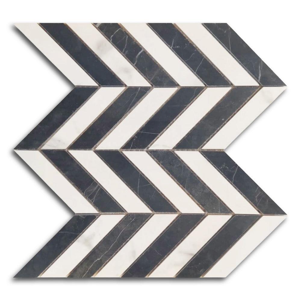 Famea Statuario-Marquinia Mix Lucido Chevron Porcelain Mosaic Tile Famea Statuario-Marquinia Mix Lucido Chevron Porcelain Mosaic Tile - American Tile Depot