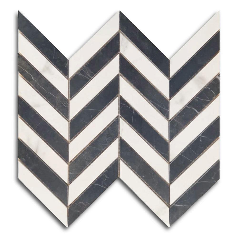 Famea Statuario-Marquinia Mix Lucido Chevron Porcelain Mosaic Tile Famea Statuario-Marquinia Mix Lucido Chevron Porcelain Mosaic Tile - American Tile Depot