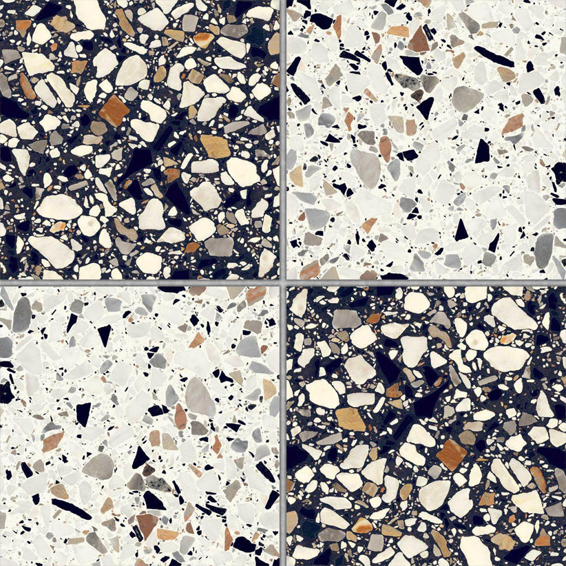 8x8 Checkerboard Tile - Frammenti Macro Nero & Bianco Matte Terrazzo Look Porcelain