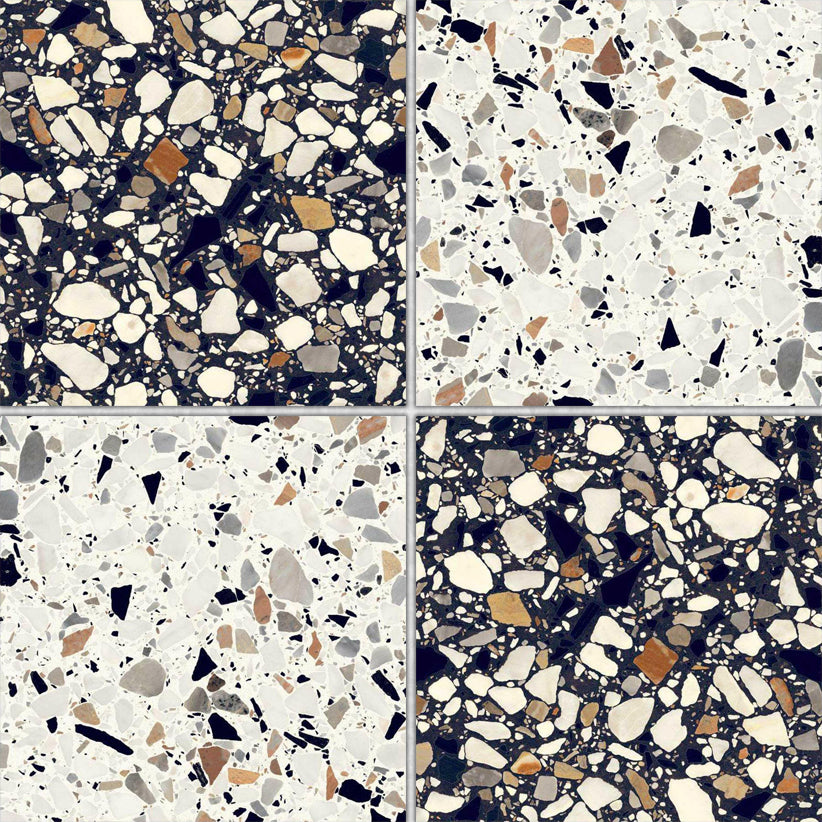 8x8 Checkerboard Tile - Frammenti Macro Nero & Bianco Matte Terrazzo Look Porcelain