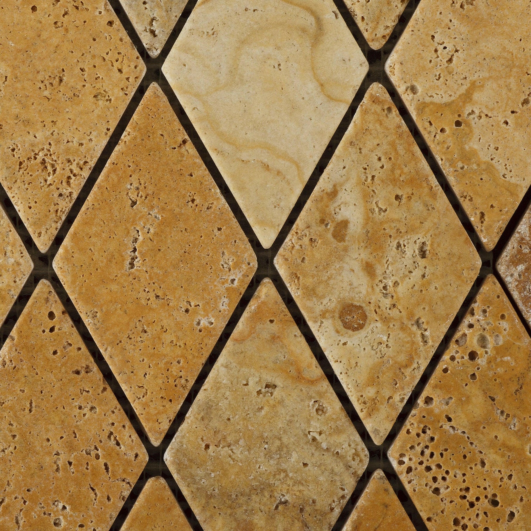 Gold / Yellow Travertine 2x4 Tumbled Diamond Mosaic Tile Gold / Yellow Travertine 2x4 Tumbled Diamond Mosaic Tile - American Tile Depot