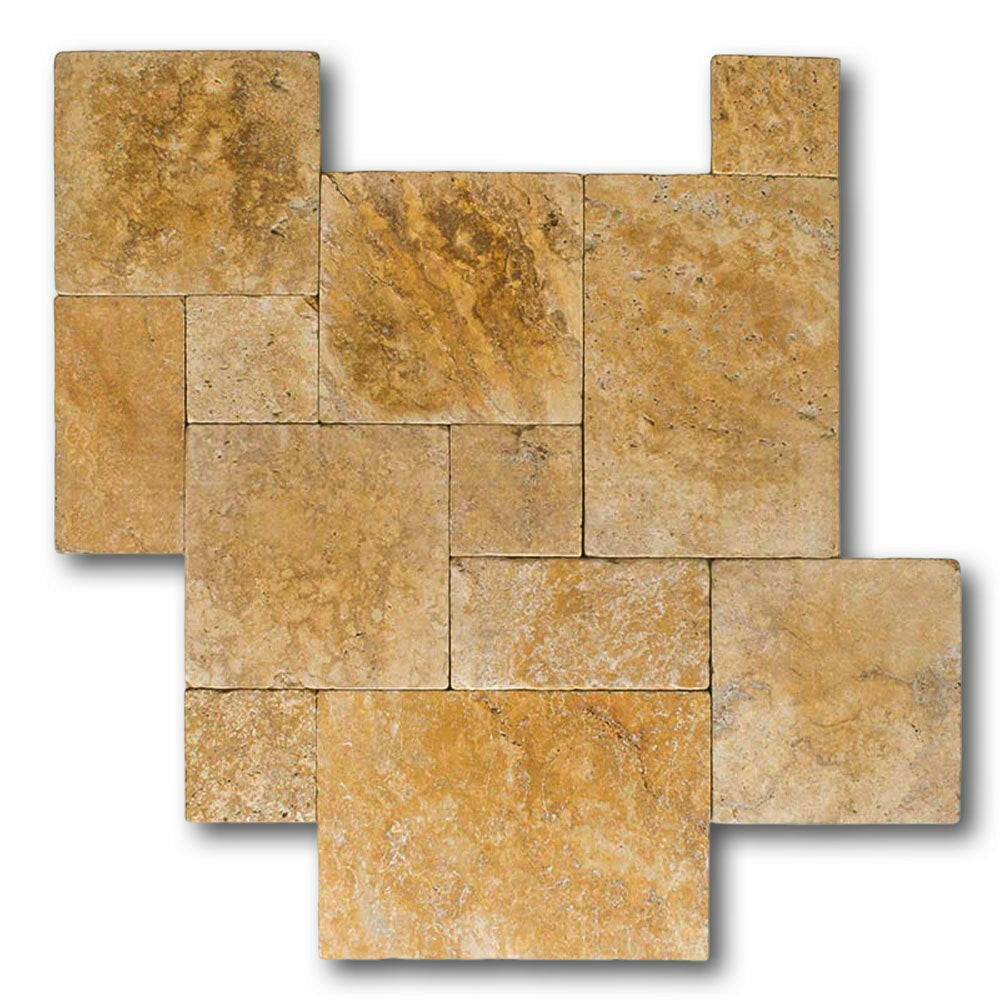 Gold / Yellow Travertine Unfilled, Brushed & Chiseled French Pattern Tile Gold / Yellow Travertine Unfilled, Brushed & Chiseled French Pattern Tile - American Tile Depot