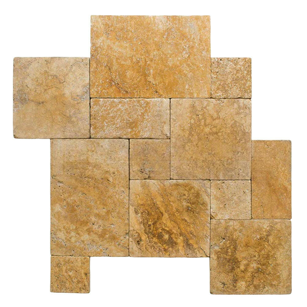 Gold / Yellow Travertine Unfilled, Brushed & Chiseled French Pattern Tile Gold / Yellow Travertine Unfilled, Brushed & Chiseled French Pattern Tile - American Tile Depot