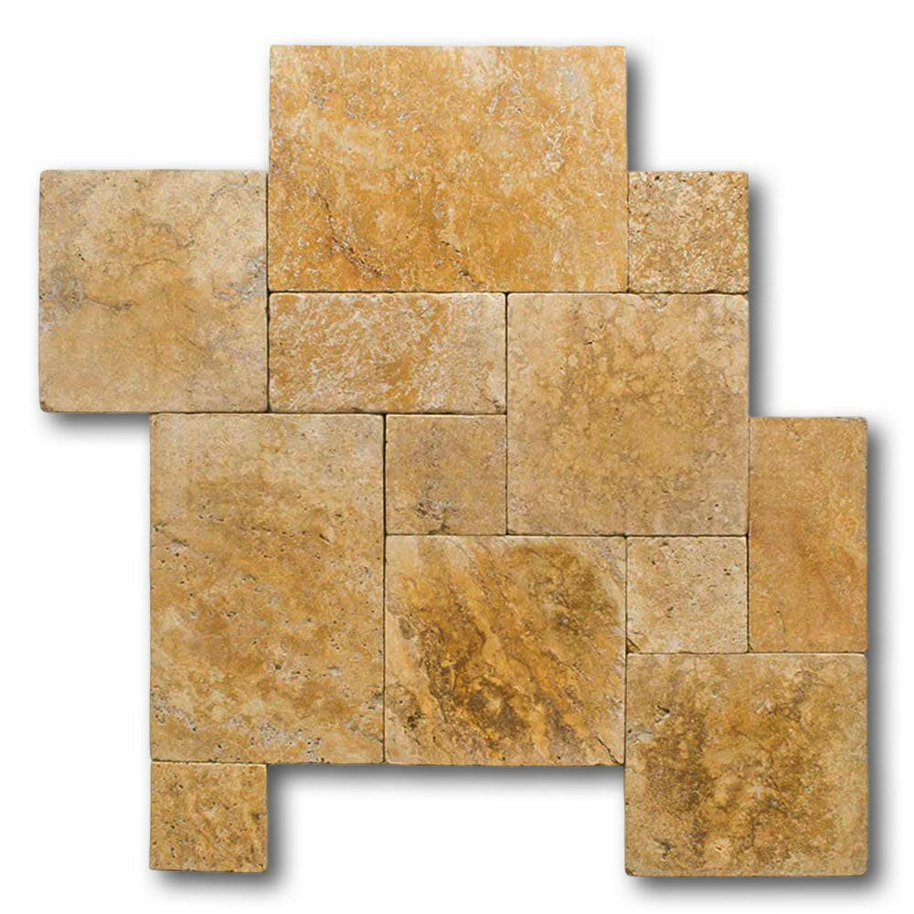 Gold / Yellow Travertine Unfilled, Brushed & Chiseled French Pattern Tile Gold / Yellow Travertine Unfilled, Brushed & Chiseled French Pattern Tile - American Tile Depot