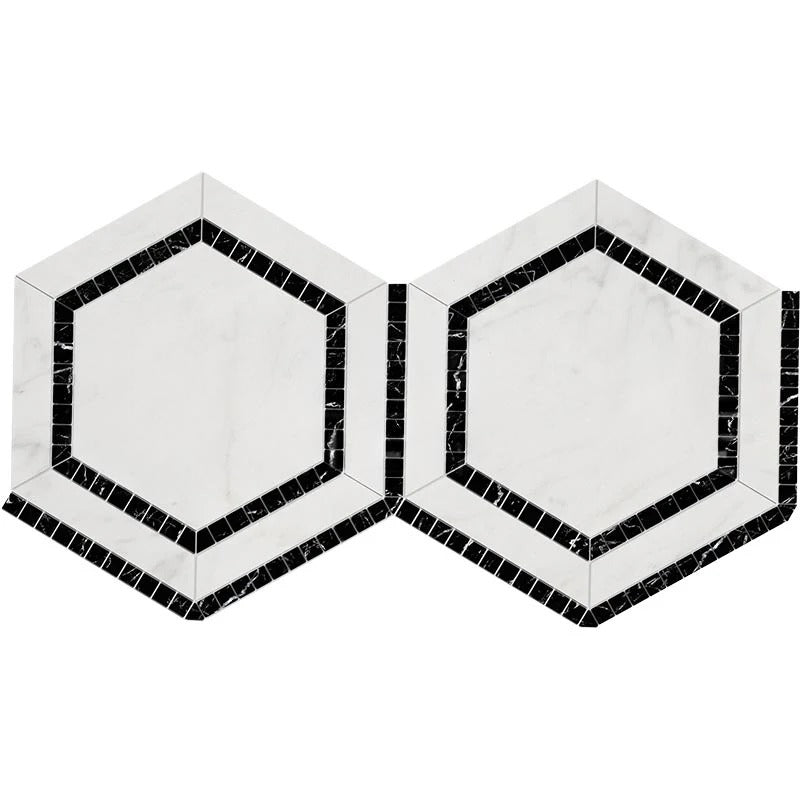 Oriental White / Asian Statuary Marble Polished 5" Hexagon Combination Mosaic Tile w/ Black Border