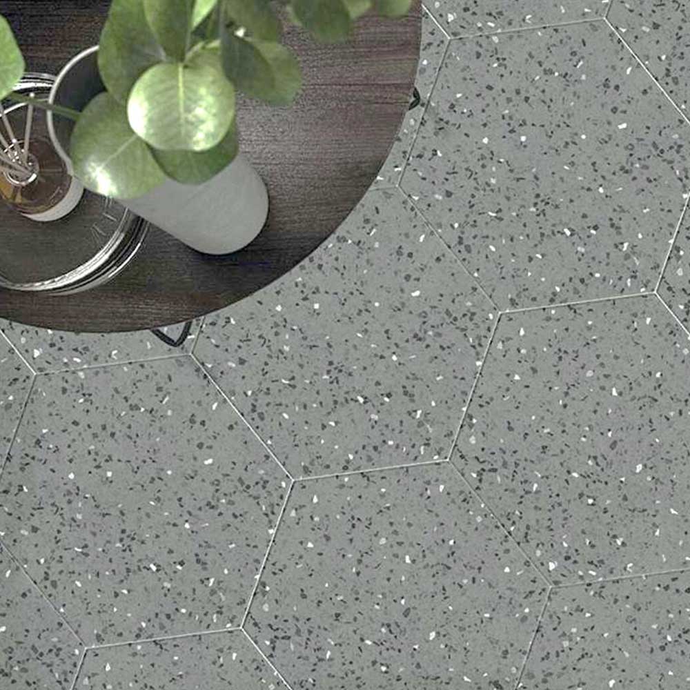 Inspire Grey Matte Terrazzo Look 8" Hexagon Porcelain Tile