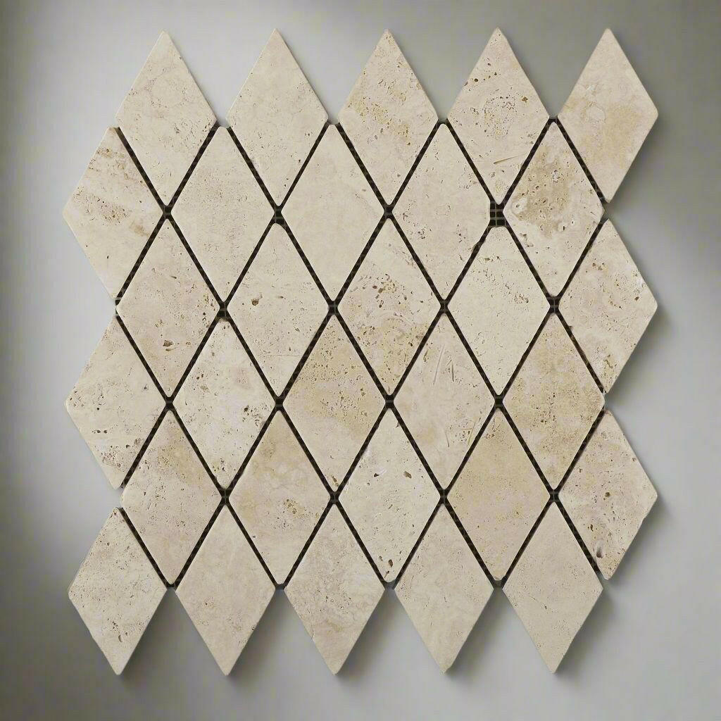 Ivory Travertine 2x4 Tumbled Diamond Mosaic Tile Ivory Travertine 2x4 Tumbled Diamond Mosaic Tile - American Tile Depot