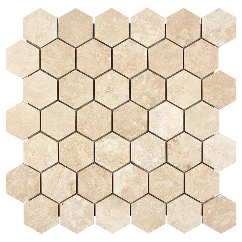 Ivory Travertine Filled & Honed 2" Hexagon Mosaic Tile Ivory Travertine Filled & Honed 2" Hexagon Mosaic Tile - American Tile Depot