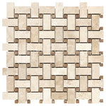 Ivory Travertine Filled & Honed Basketweave Mosaic Tile w/ Noce Dots Ivory Travertine Filled & Honed Basketweave Mosaic Tile w/ Noce Dots - American Tile Depot