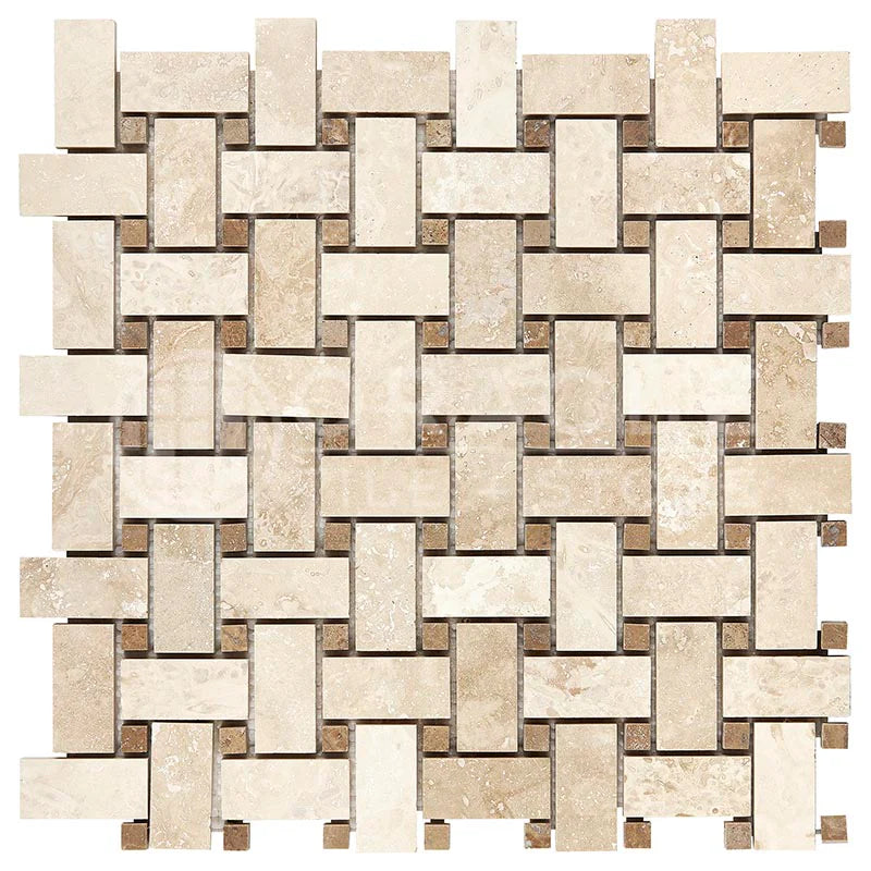 Ivory Travertine Filled & Honed Basketweave Mosaic Tile w/ Noce Dots Ivory Travertine Filled & Honed Basketweave Mosaic Tile w/ Noce Dots - American Tile Depot