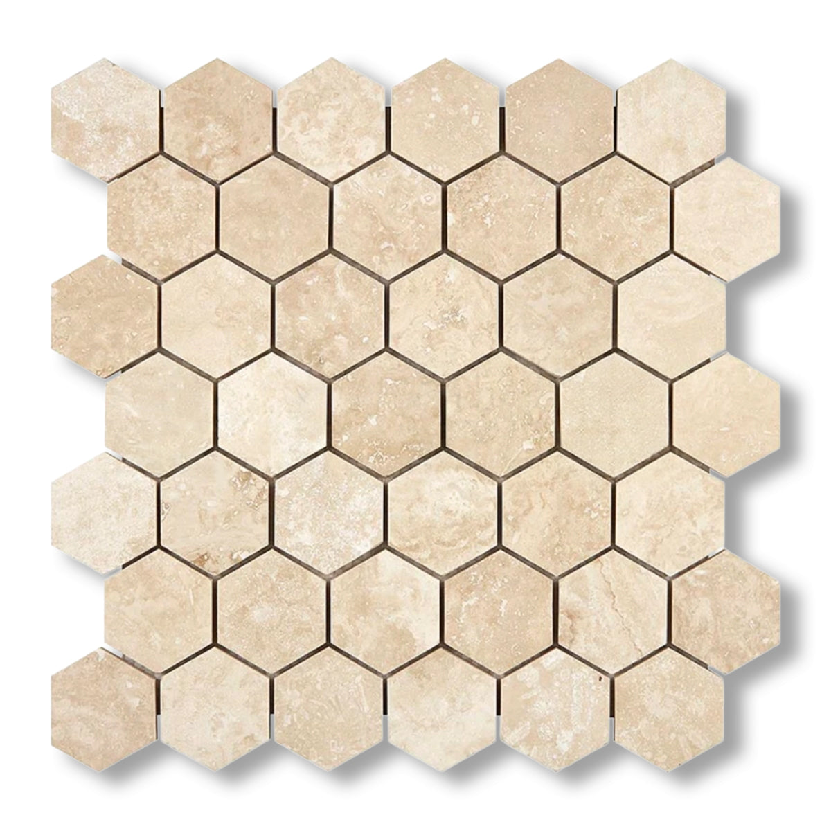 Ivory Travertine Filled & Honed 2" Hexagon Mosaic Tile - American Tile Depot