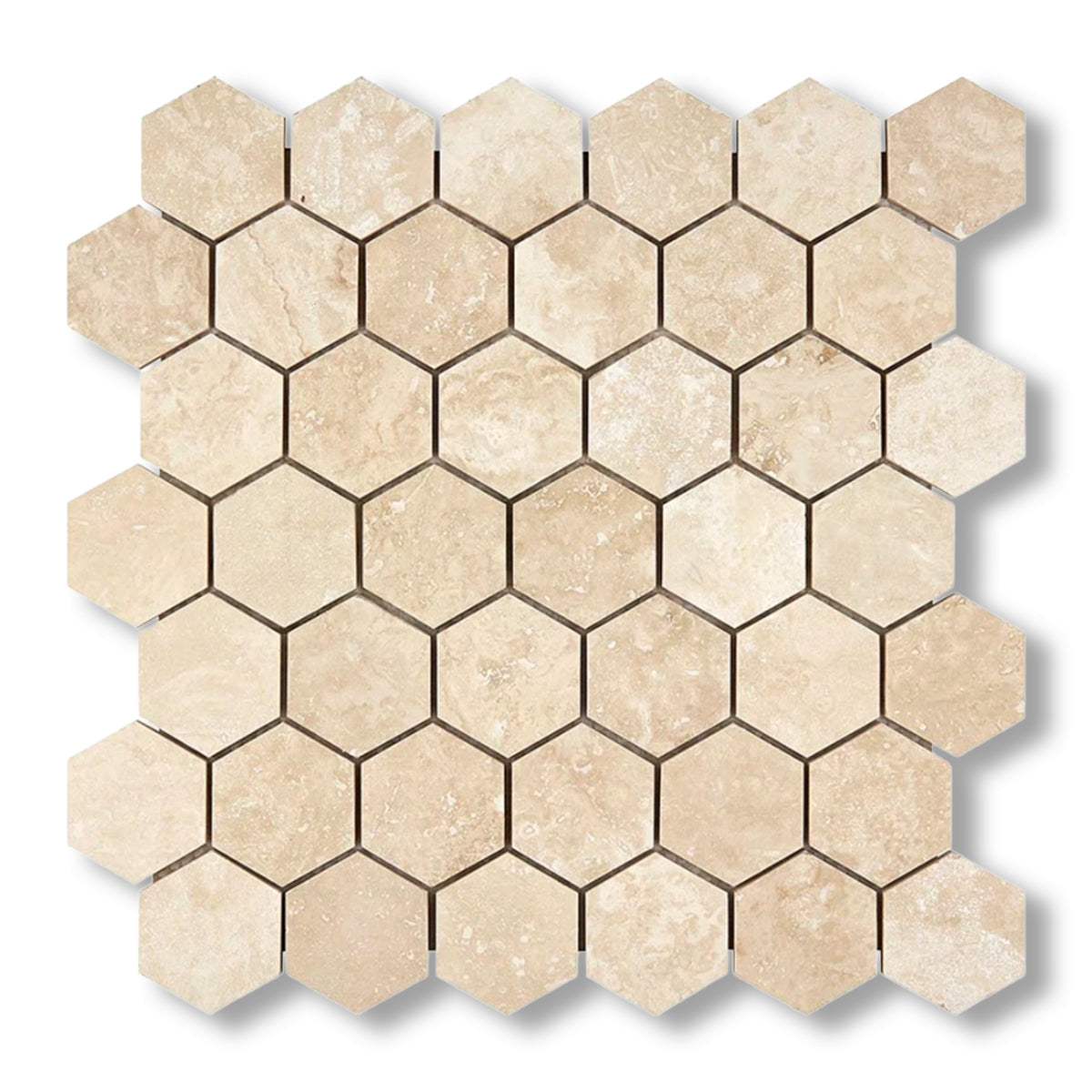Ivory Travertine Filled & Honed 2" Hexagon Mosaic Tile - American Tile Depot