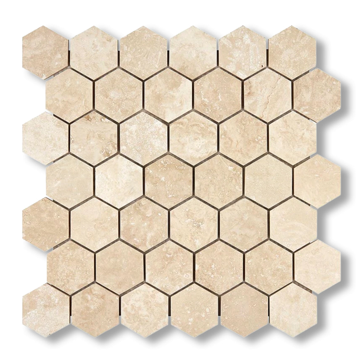 Ivory Travertine Filled & Honed 2" Hexagon Mosaic Tile - American Tile Depot