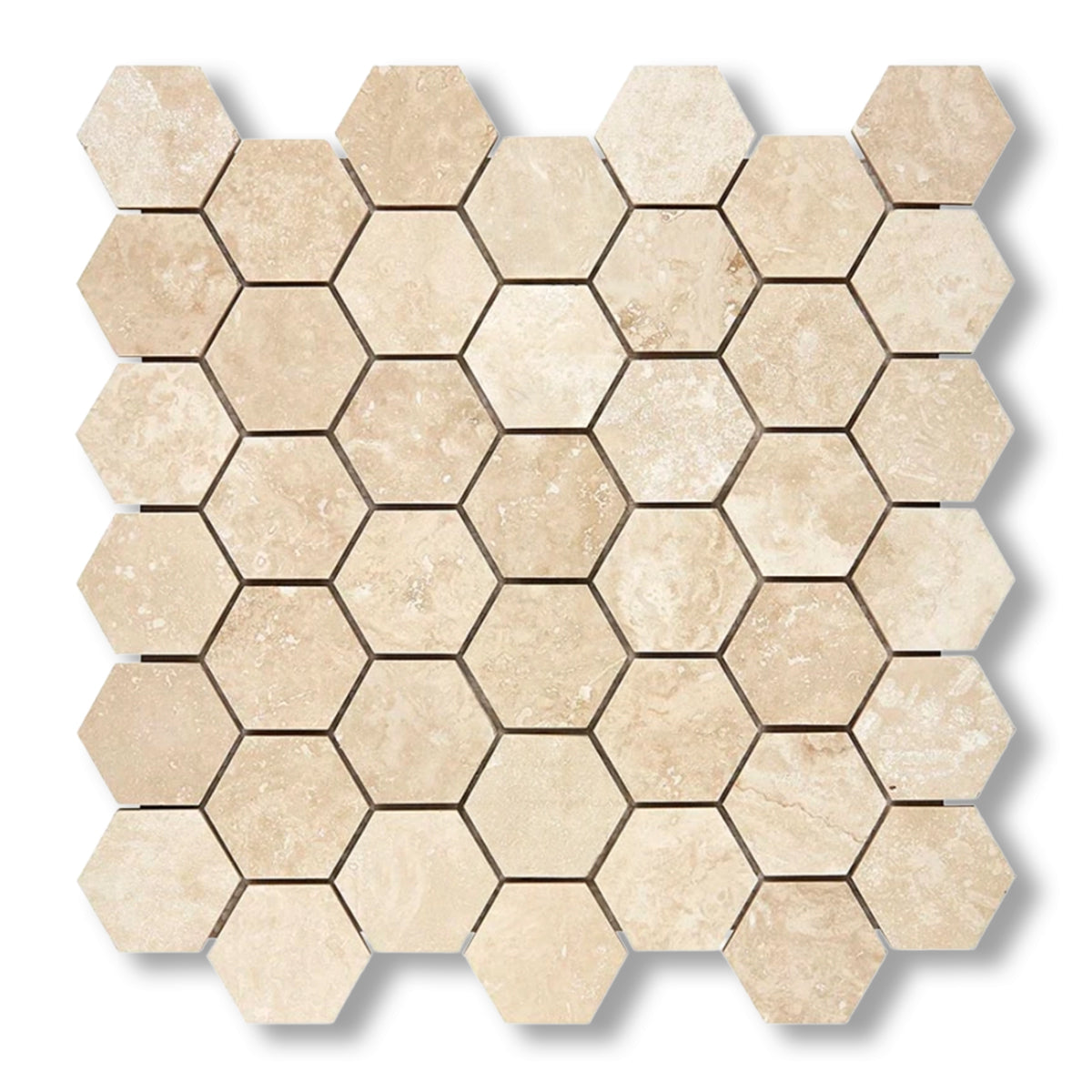 Ivory Travertine Filled & Honed 2" Hexagon Mosaic Tile - American Tile Depot