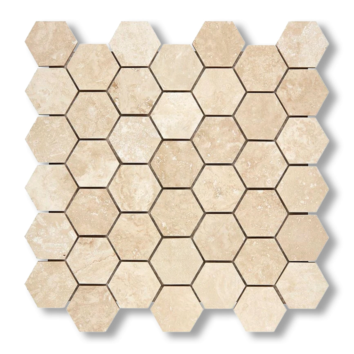 Ivory Travertine Filled & Honed 2" Hexagon Mosaic Tile - American Tile Depot