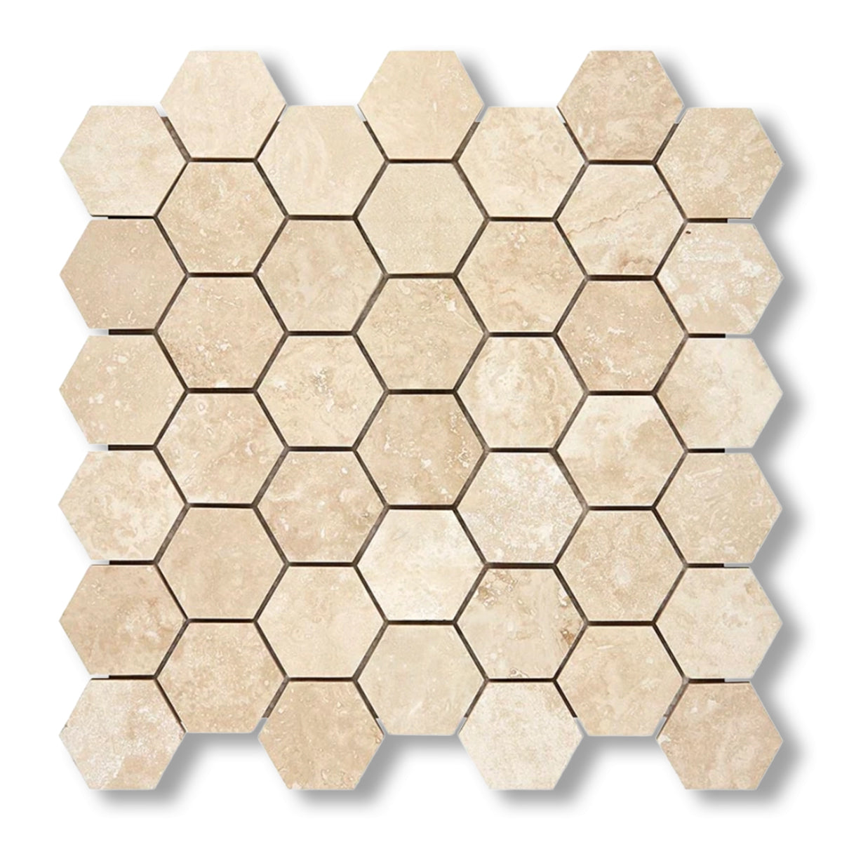 Ivory Travertine Filled & Honed 2" Hexagon Mosaic Tile - American Tile Depot