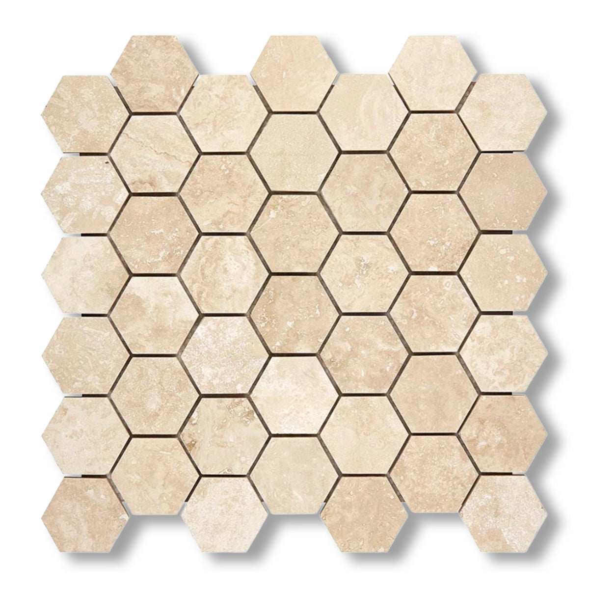 Ivory Travertine Filled & Honed 2" Hexagon Mosaic Tile - American Tile Depot