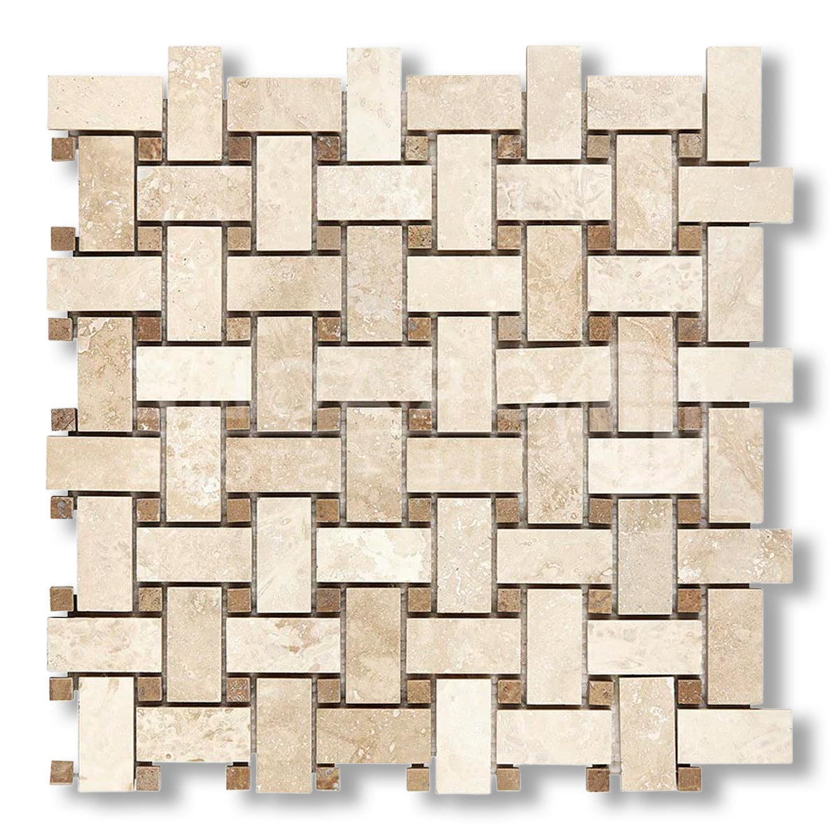 Ivory Travertine Filled & Honed Basketweave Mosaic Tile w/ Noce Dots - American Tile Depot
