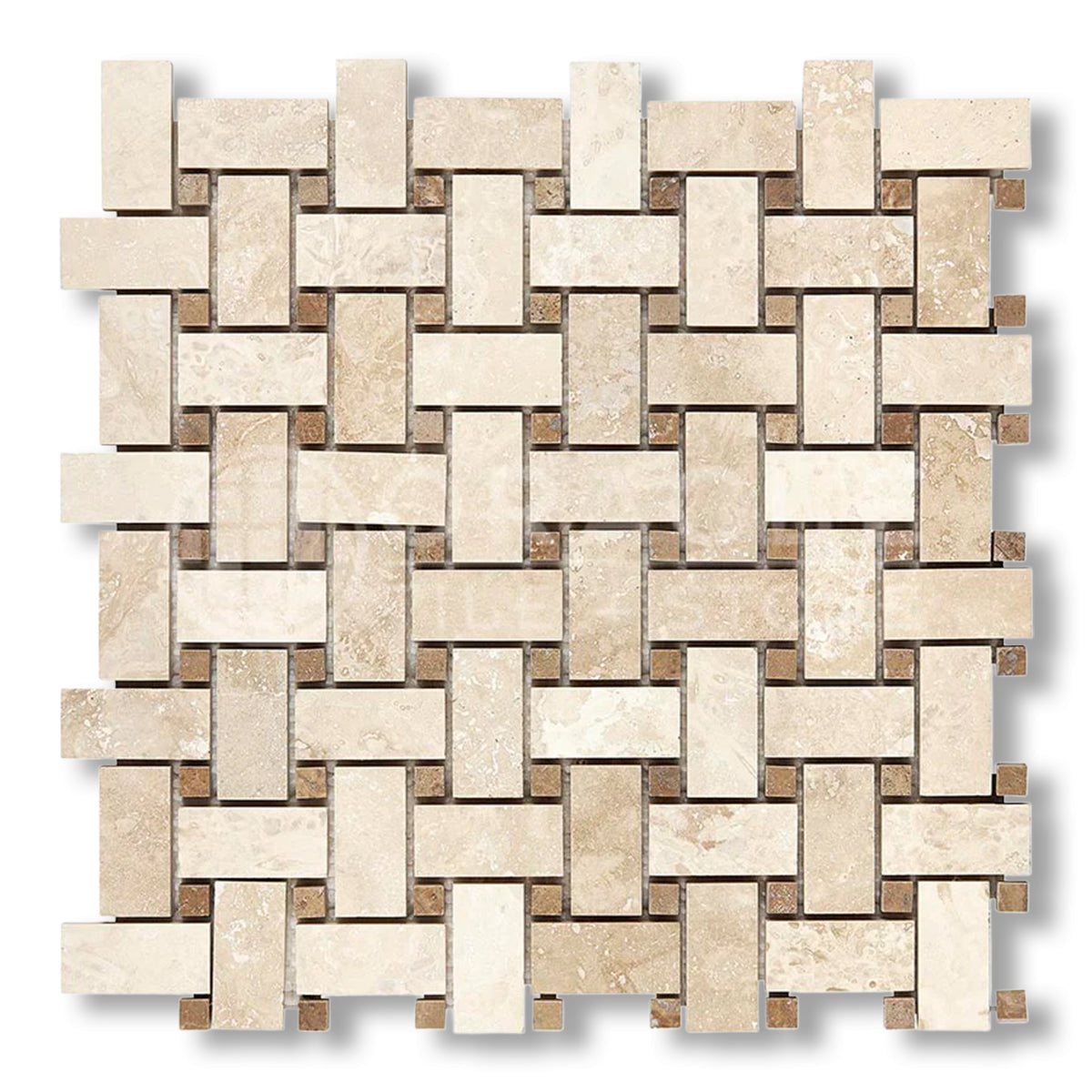 Ivory Travertine Filled & Honed Basketweave Mosaic Tile w/ Noce Dots - American Tile Depot