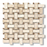 Ivory Travertine Filled & Honed Basketweave Mosaic Tile w/ Noce Dots - American Tile Depot